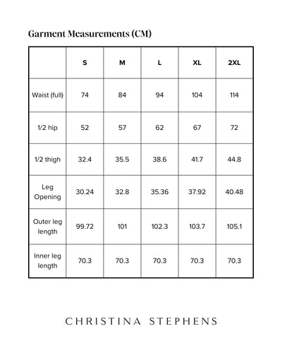 Size chart for Jessie Wide Leg Velvet Pants showing detailed measurements in centimeters across sizes S to 2XL, including waist, hip, thigh, leg opening, and length measurements. Christina Stephens brand logo displayed below.