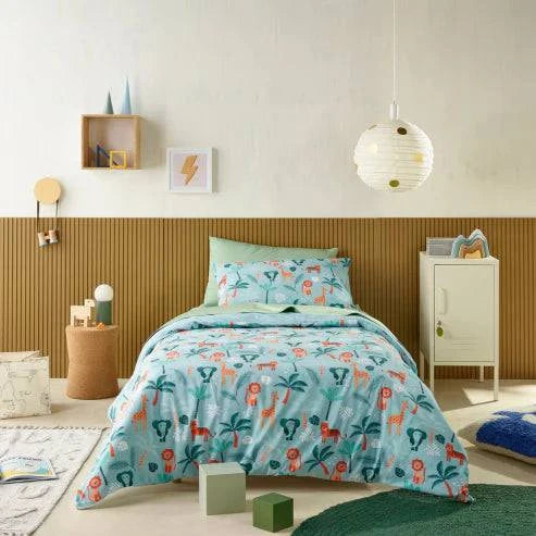 Jungle Explorer water-resistant quilt cover set by Stay Dry Products featuring jungle and explorer print on soft Manchester fabric.