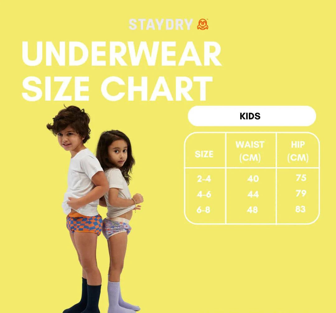 Chart showing size options for Staydry Kids continence underwear by Stay Dry Products, with various sizes for children.
