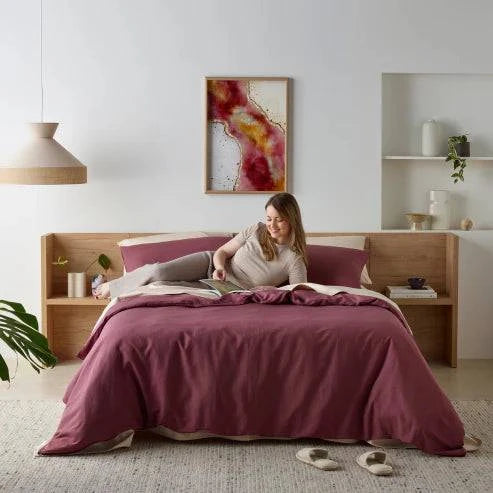 Bedroom featuring a luxurious linen-look water-resistant quilt cover set in cacao colour.
