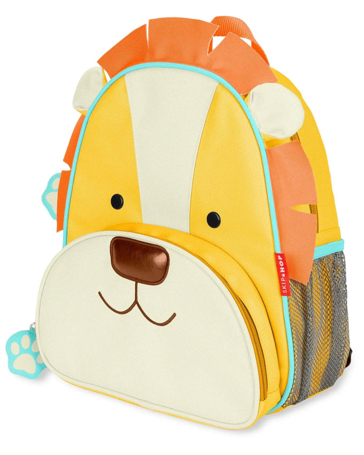Lion-themed Tubie Fun modified backpack for nutrition, featuring colorful lion design and adjustable straps for comfortable wear.