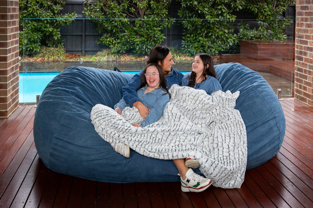 Extra-extra large KloudSac lounge cover in a cozy, plush fabric, showcasing its spacious design and soft texture.