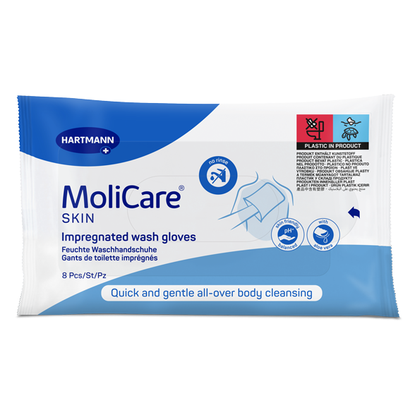 MoliCare Skin impregnated wash gloves for gentle skin cleansing, shown in packaging with soft, textured gloves for skin care.
