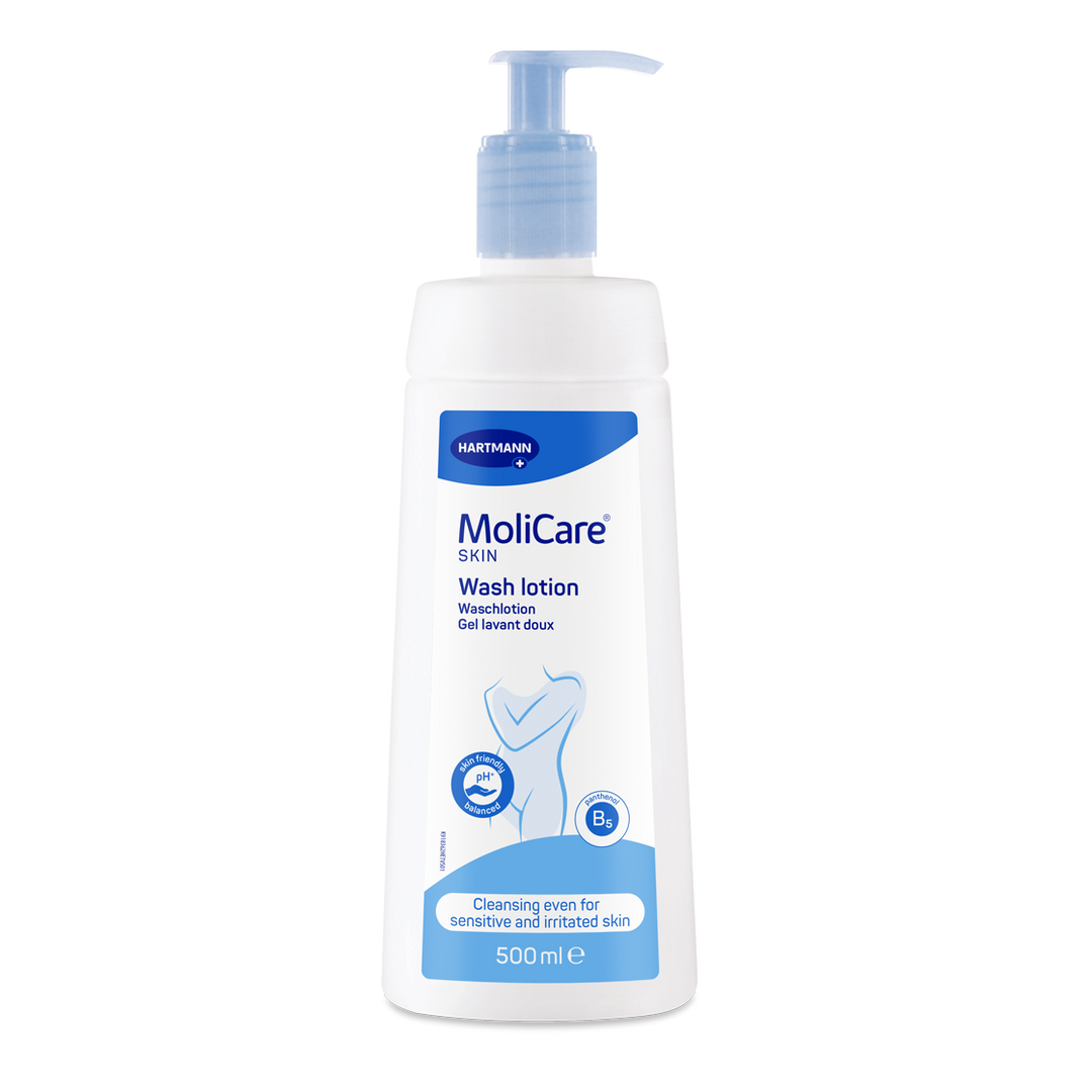 MoliCare Skin Wash Lotion bottle with label, skin care product designed for gentle cleansing and skin health.