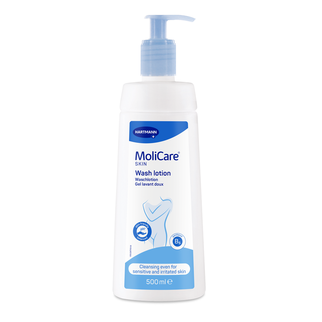 MoliCare Skin Wash Lotion bottle with a blue label, designed for gentle skin care and cleansing.