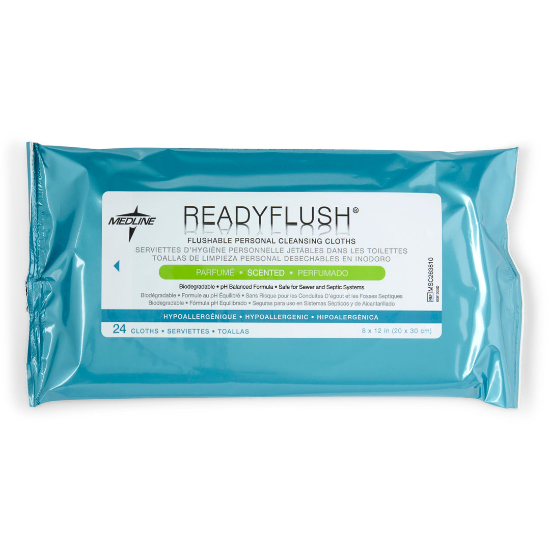 Medline® Readyflush flushable scented personal cleansing cloths, 20x25cm, for skin care and freshness.