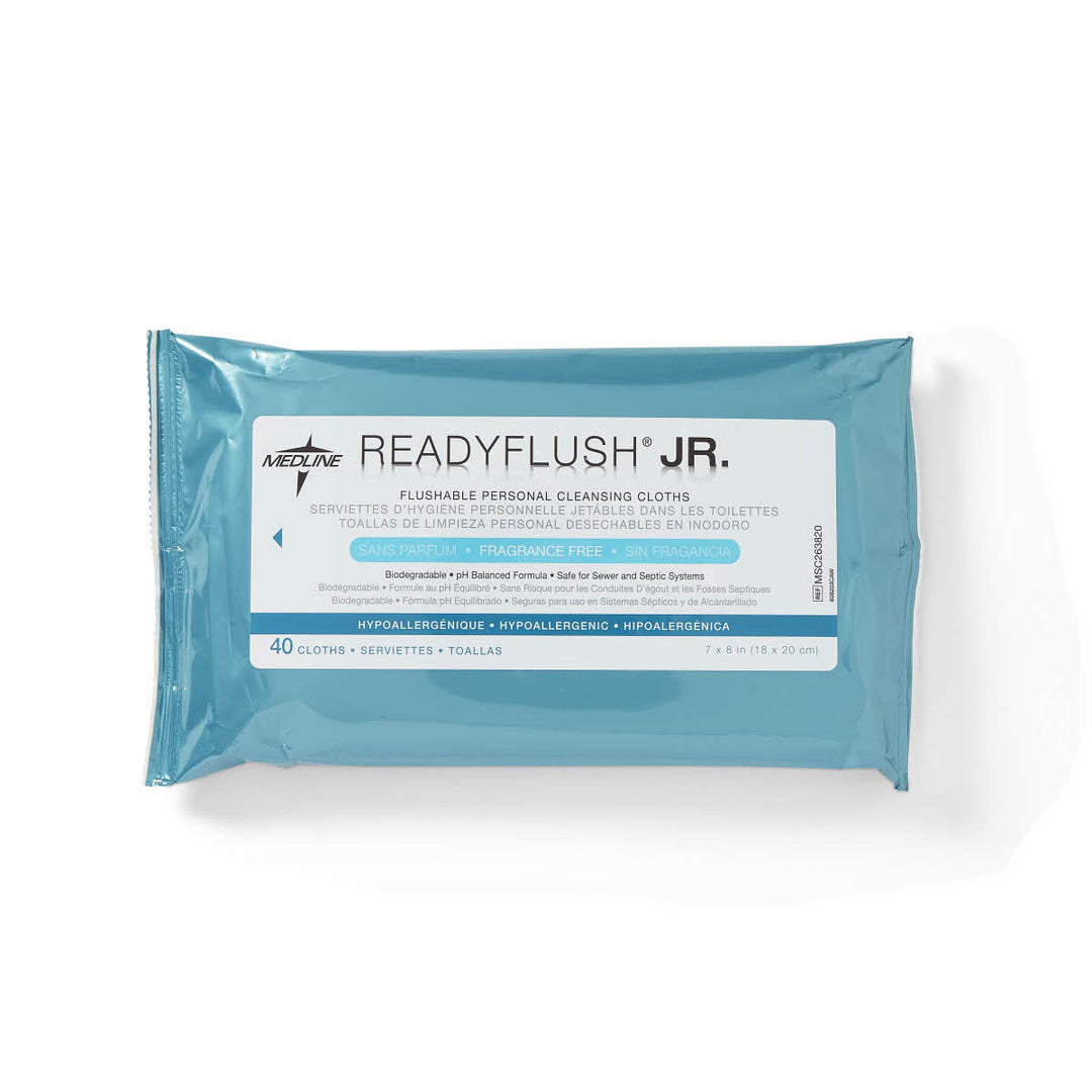 Medline® Readyflush Junior flushable cleansing cloths, fragrance-free, 18x20cm, for gentle skin care and hygiene.