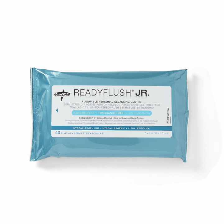 Medline® Readyflush Junior flushable cleansing cloths, fragrance-free, 18x20cm, for gentle skin care and hygiene.