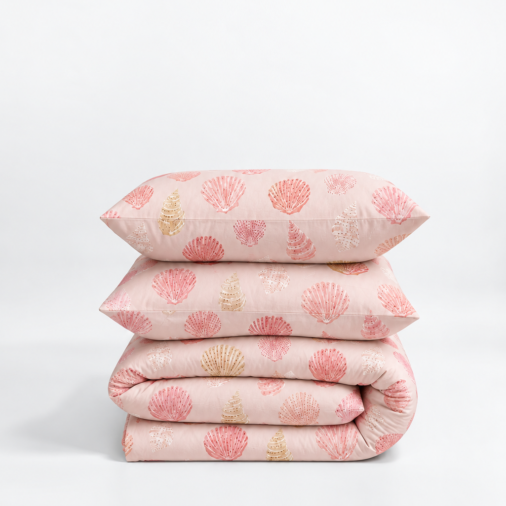 A stack of three pink bedding items, including two pillows and a folded blanket, featuring a repeating pattern of coral-pink and metallic gold seashells on a light pink background.