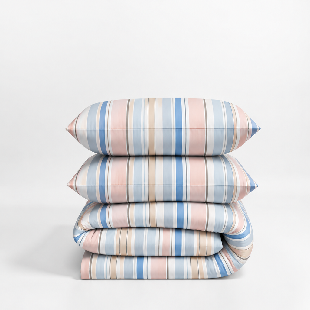 A stack of four striped pillows and folded bedding in pastel pink, light blue, beige, and white stripes, photographed on a clean white studio background.