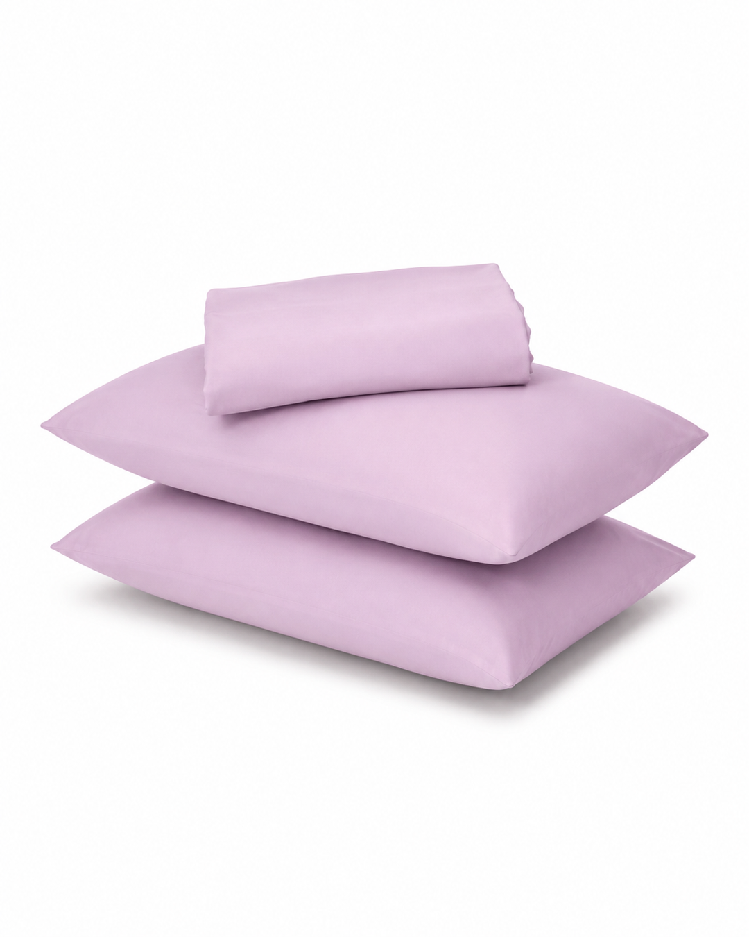 A stack of three light purple pillowcases on a clean white background.