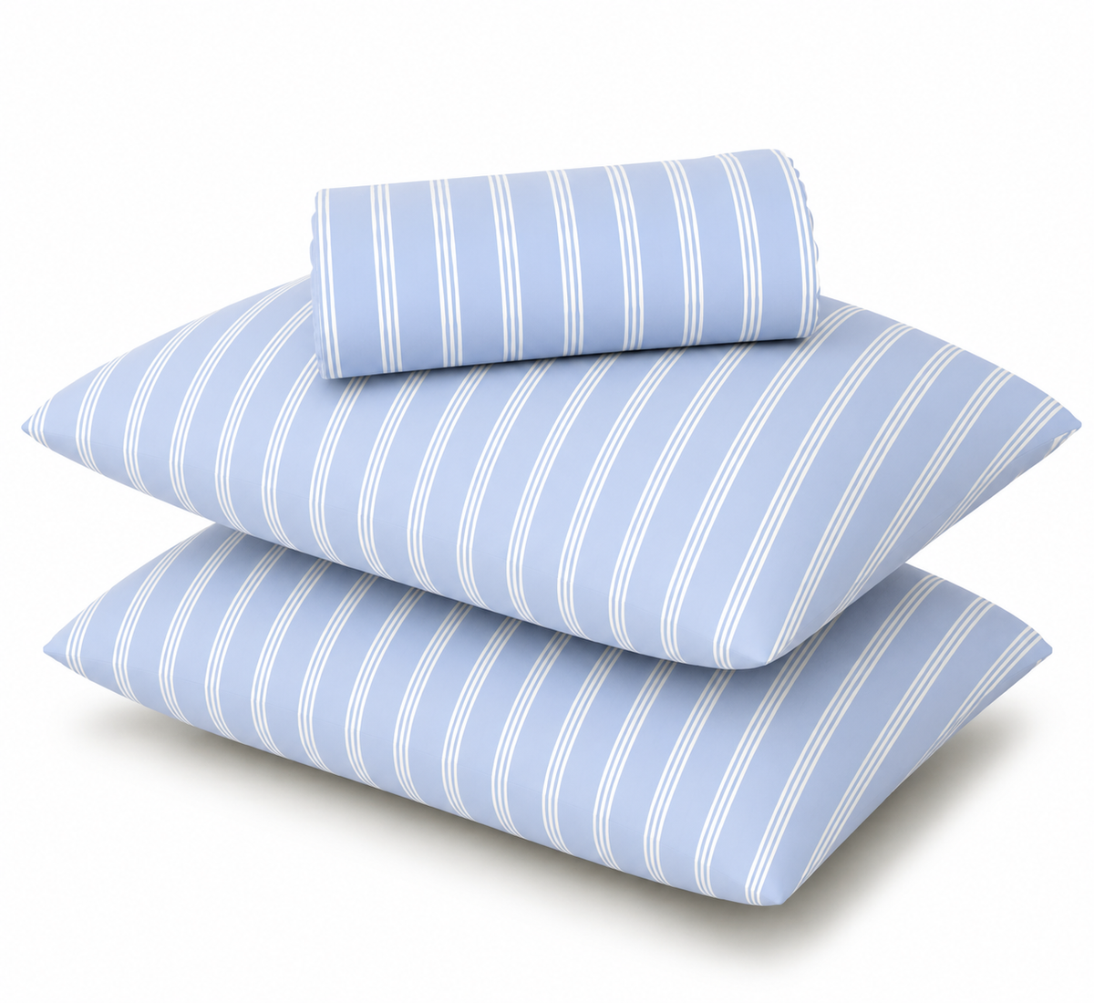 Three light blue pillows with white vertical stripes, including two flat square pillows and one rolled sheet, stacked on a white background.