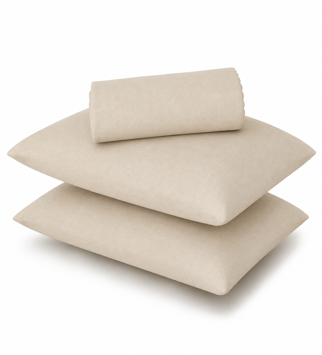 Three beige pillows, including two flat square pillows and one rolled pillowcase, stacked on a white background.