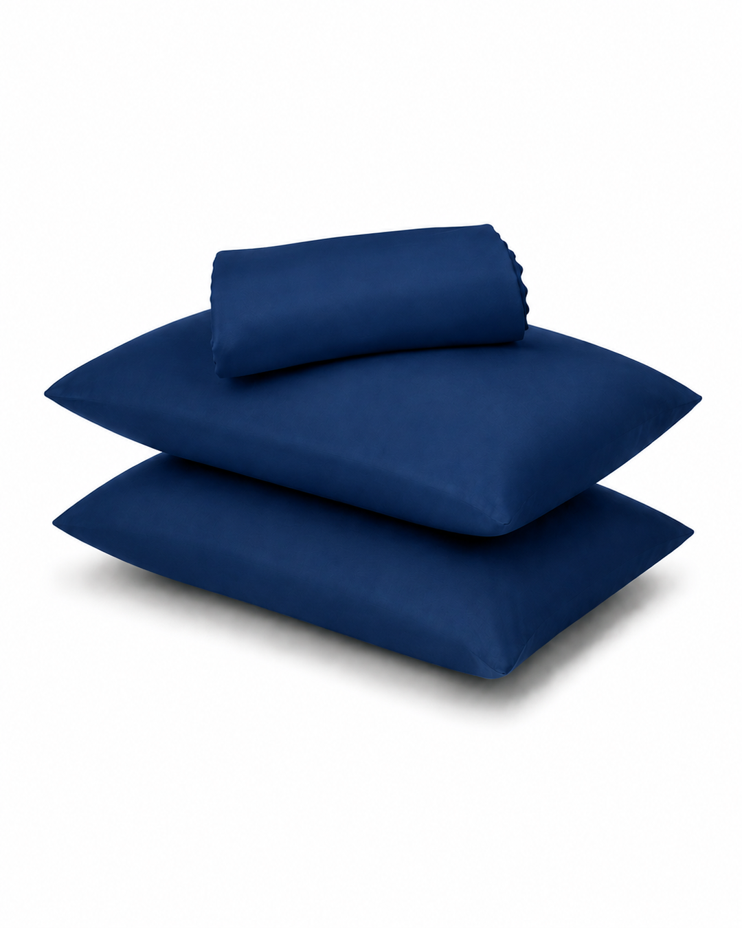 A stack of three navy blue pillowcases on a clean white background.