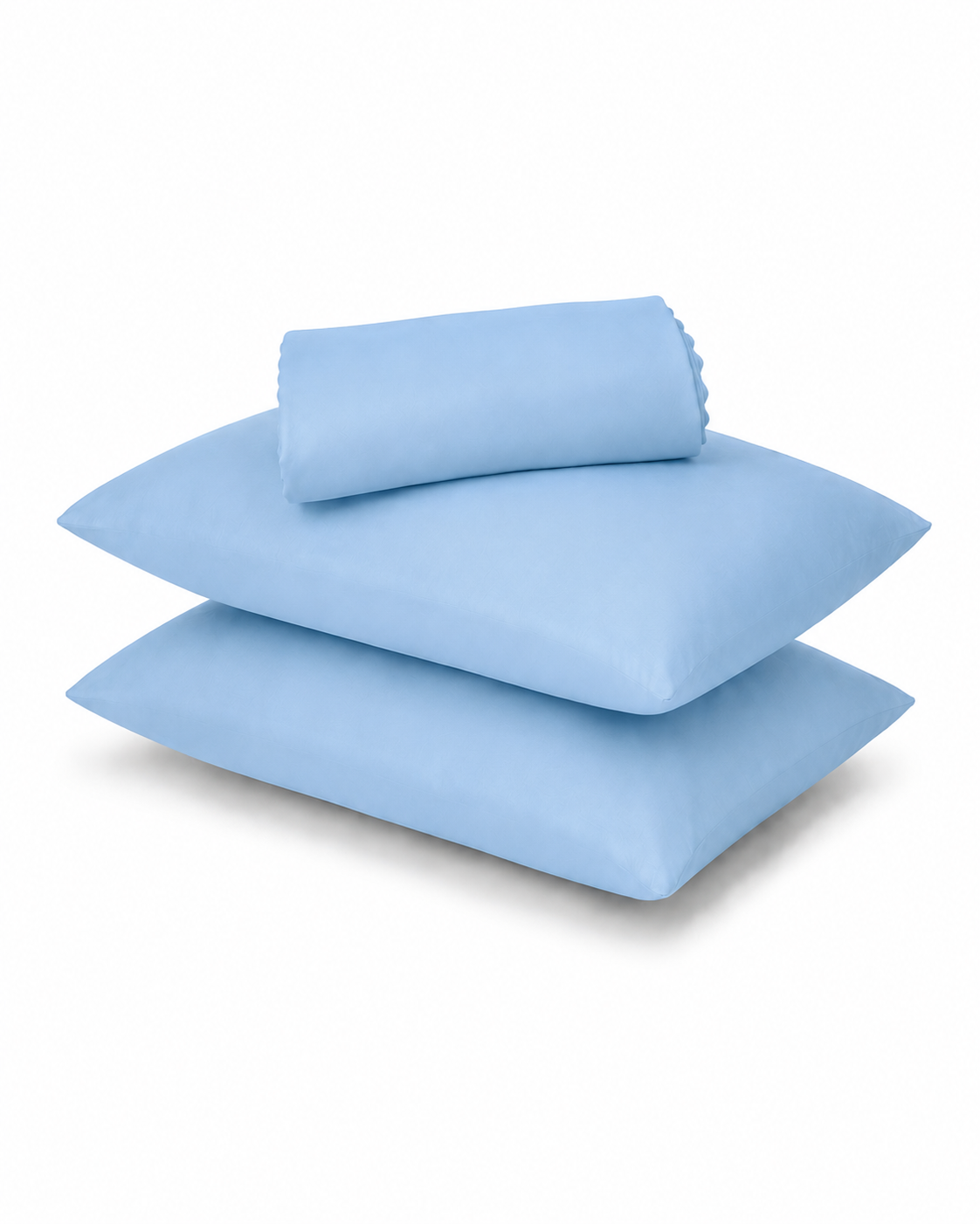 A stack of three light blue pillowcases on a clean white background.