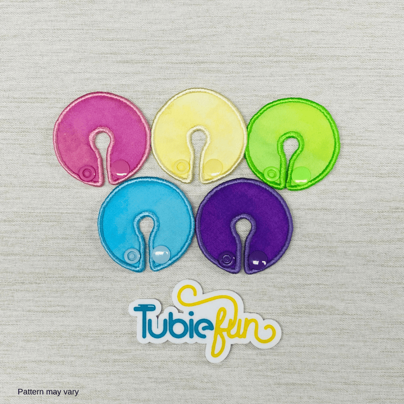Set of five Tubie Fun regular G-tube button pads in mixed colors, designed for nutrition feeding tubes.
