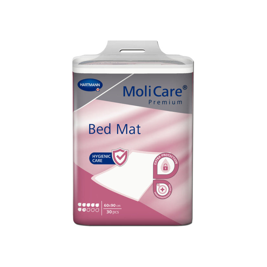 MoliCare Premium Bed Mat packaging by MucinCare, featuring a pink and white design with a gray top section, shown on a plain white background.