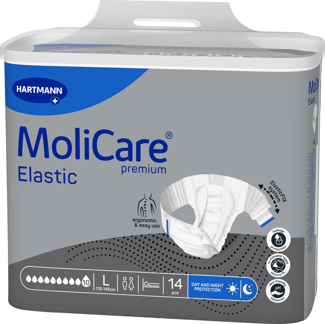 A package of Hartmann MoliCare Elastic premium incontinence underwear, size L, featuring a gray and white design with blue accents and an illustration of the elastic underwear.