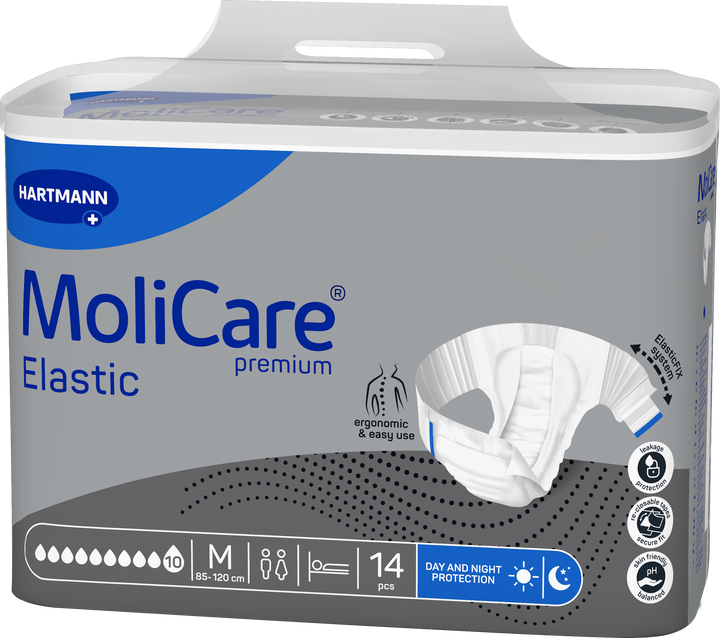 A package of Hartmann MoliCare Elastic adult incontinence pads, size M, 14 count, shown against a plain white background.