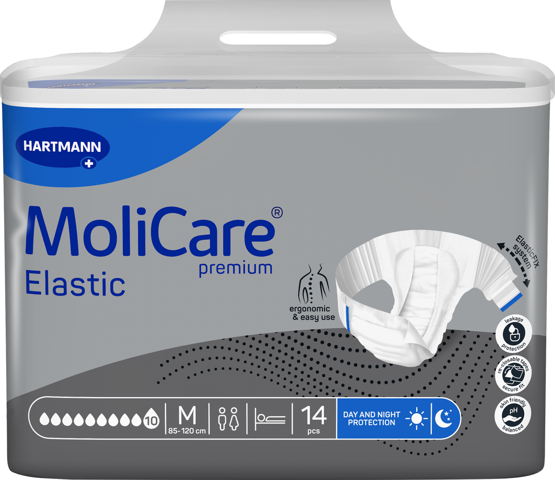 A package of Hartmann MoliCare Premium Elastic incontinence pads, size M, containing 14 pads. The packaging is gray and white with blue accents, featuring a graphic of a white elastic pad on the right side.