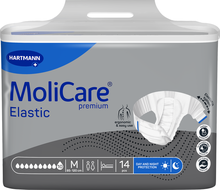 A package of Hartmann MoliCare Premium Elastic incontinence pads, size M, containing 14 pads. The packaging is gray and white with blue accents, featuring a graphic of a white elastic pad on the right side.