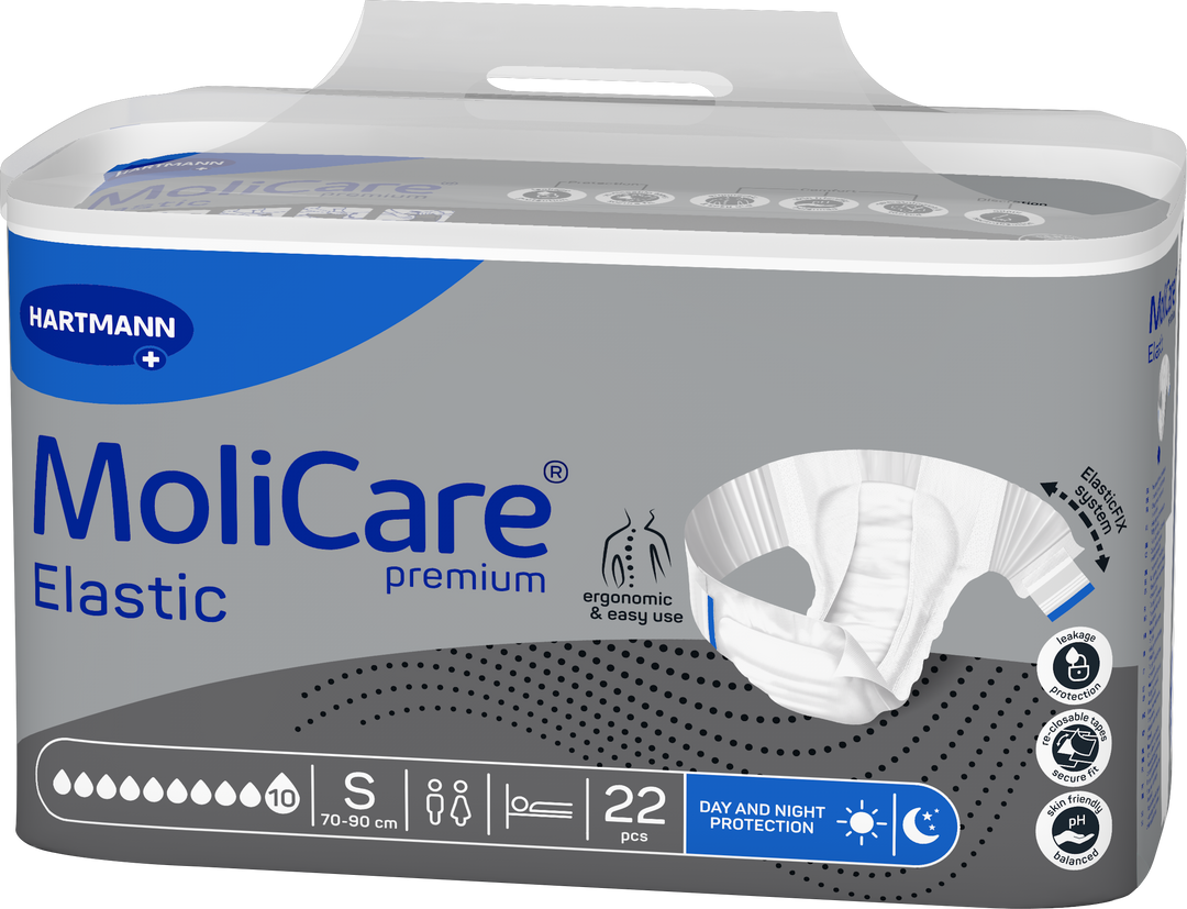 Hartmann MoliCare Elastic premium incontinence underpads in a gray and white plastic package with blue accents, containing 22 pieces.