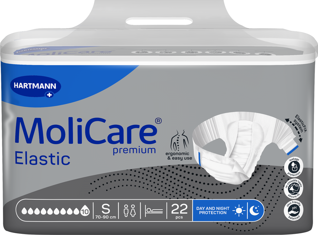 A package of Hartmann MoliCare Premium Elastic undergaries, size S, containing 22 pieces. The packaging is primarily gray and white with blue accents, featuring a graphic of the white elastic underwear and icons indicating features like ergonomic and easy use, breathable, and day and night protection.