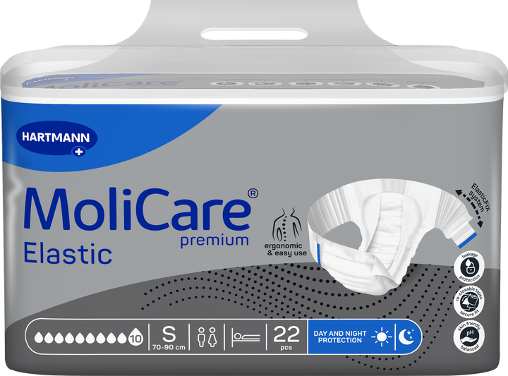 A package of Hartmann MoliCare Premium Elastic undergaries, size S, containing 22 pieces. The packaging is primarily gray and white with blue accents, featuring a graphic of the white elastic underwear and icons indicating features like ergonomic and easy use, breathable, and day and night protection.