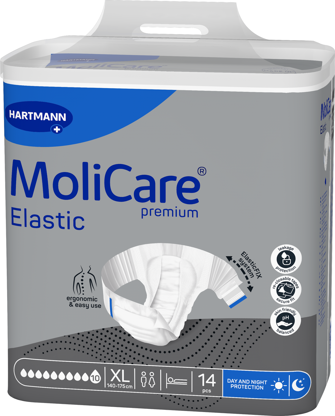Hartmann MoliCare Elastic premium incontinence underwear packaging, size XL, 14 pieces, featuring a white and gray package with blue branding and a graphic of the product.