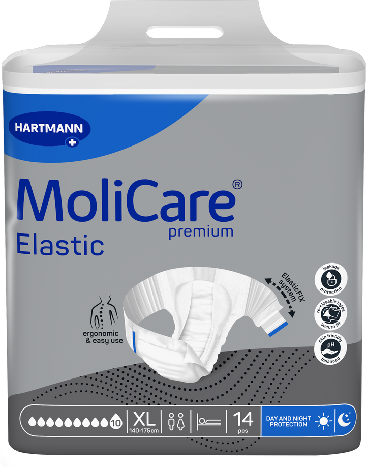 Front-facing package of Hartmann MoliCare Premium Elastic nighttime underwear pads, size XL, in a white plastic bag with a gray label and blue branding.