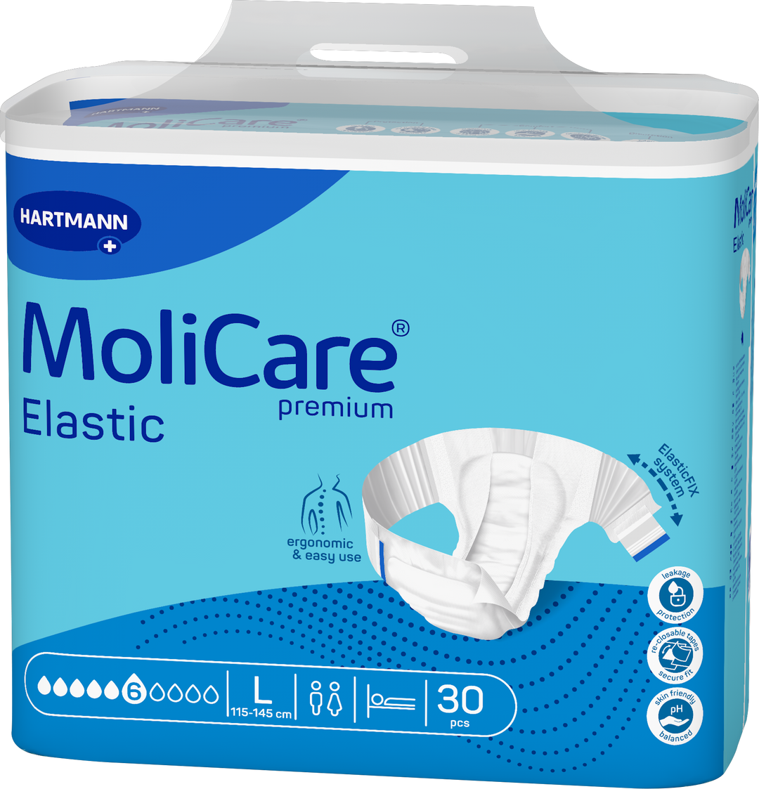 A package of Hartmann MoliCare Premium Elastic incontinence underwear, size L, containing 30 pieces. The packaging is light blue with a white top flap and features a graphic of the white elastic underwear on the front.