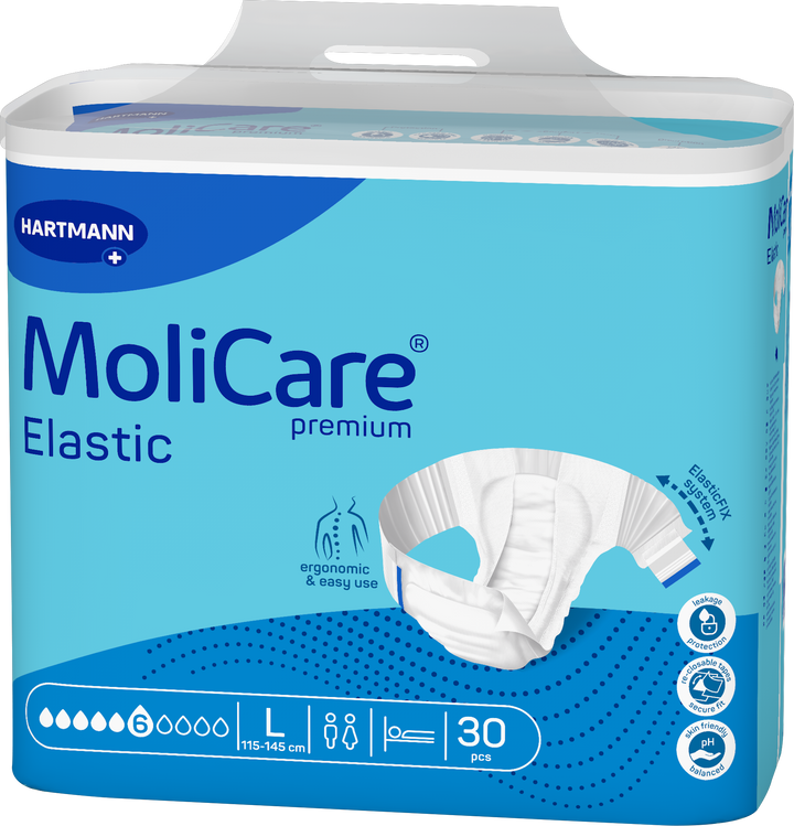 A package of Hartmann MoliCare Premium Elastic incontinence underwear, size L, containing 30 pieces. The packaging is light blue with a white top flap and features a graphic of the white elastic underwear on the front.