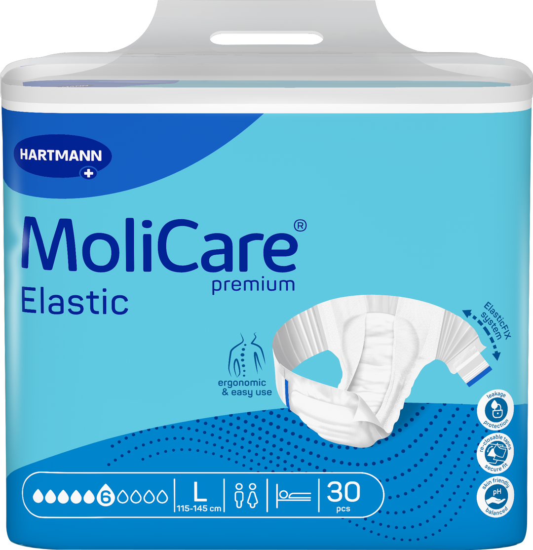 A package of Hartmann MoliCare Premium Elastic incontinence underwear, size Large, containing 30 pieces. The packaging is light blue and white with dark blue branding and a graphic of the product shown on the front.