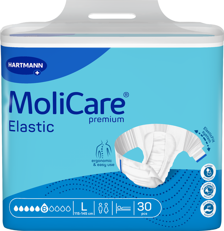 A package of Hartmann MoliCare Premium Elastic incontinence underwear, size Large, containing 30 pieces. The packaging is light blue and white with dark blue branding and a graphic of the product shown on the front.