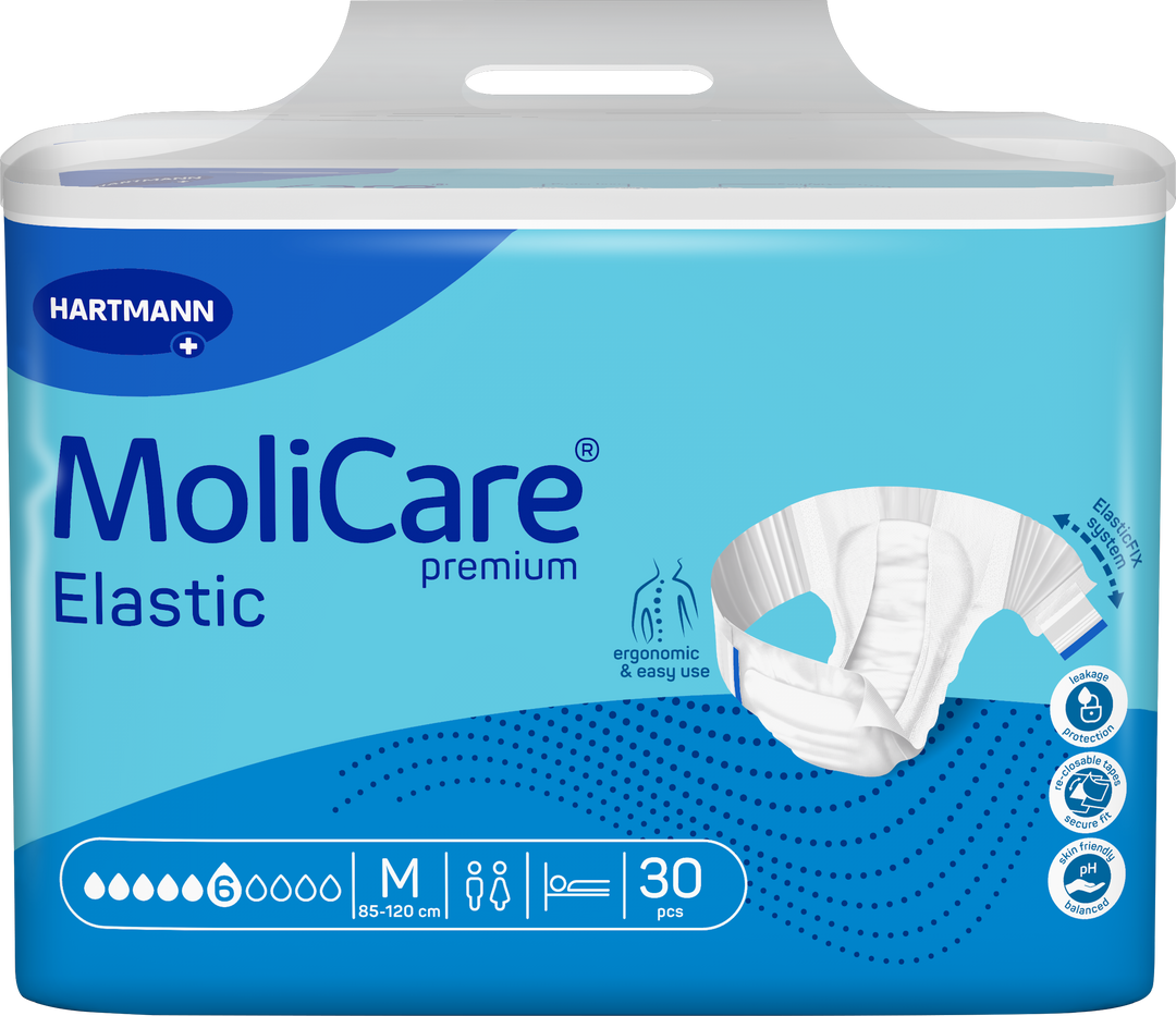 A package of Hartmann MoliCare Premium Elastic incontinence underwear, size M, containing 30 pieces. The packaging is light blue and dark blue with a white top carrying handle, featuring a graphic of the white elastic underwear on the right side.