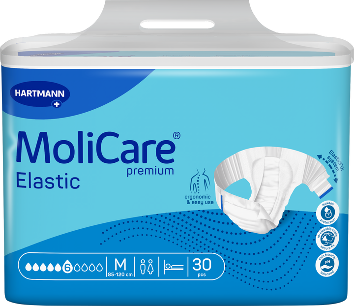 A package of Hartmann MoliCare Premium Elastic incontinence underwear, size M, containing 30 pieces. The packaging is light blue and dark blue with a white top carrying handle, featuring a graphic of the white elastic underwear on the right side.