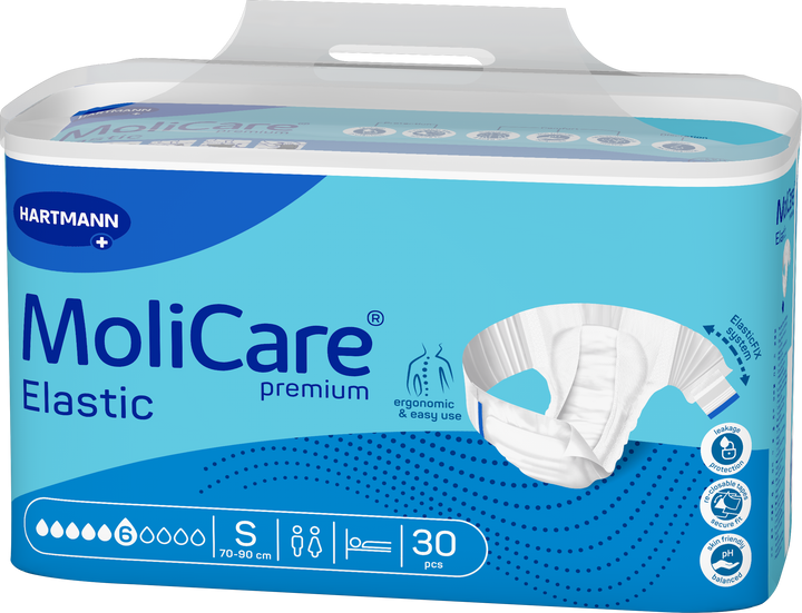 A package of Hartmann MoliCare Premium Elastic incontinence pads, size S, containing 30 pieces. The packaging is predominantly light blue and white with a clear plastic top and a printed illustration of the white pads.