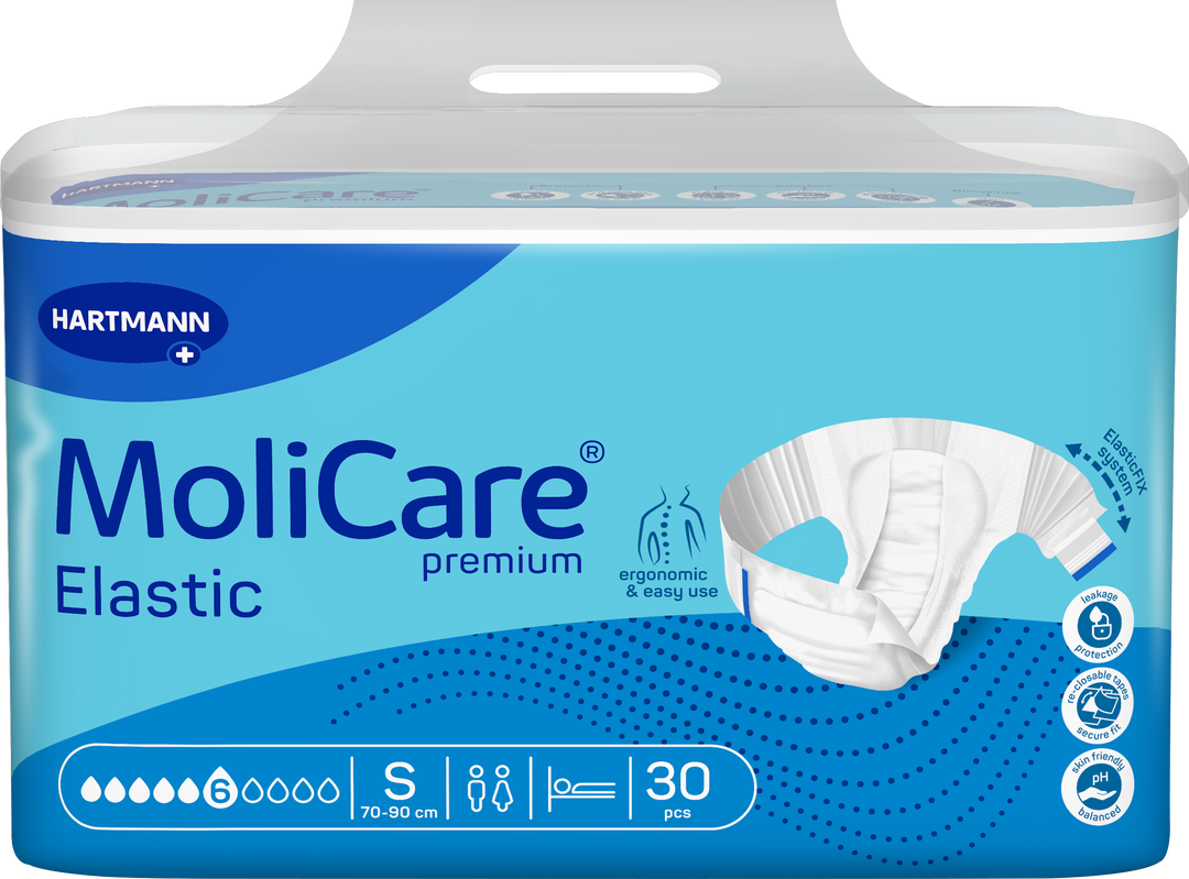 A package of Hartmann MoliCare Premium Elastic undergaries in size S, containing 30 pieces. The packaging is predominantly blue and white with a graphic of the elastic underwear on the front.