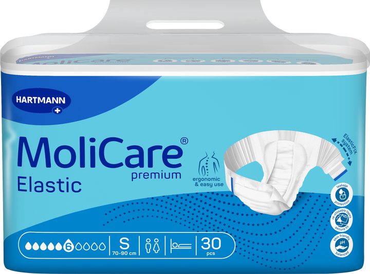 A package of Hartmann MoliCare Premium Elastic undergaries in size S, containing 30 pieces. The packaging is predominantly blue and white with a graphic of the elastic underwear on the front.