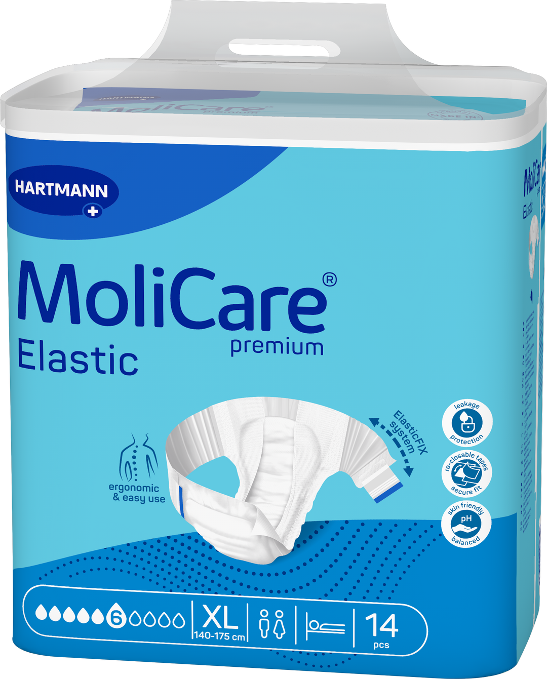 A package of Hartmann MoliCare Elastic premium incontinence underwear, size XL, containing 14 pieces. The packaging is light blue and dark blue with a white top handle, featuring a graphic of the white elastic underwear.