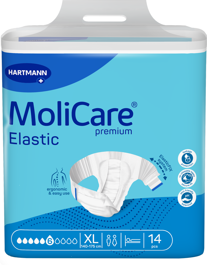 A package of Hartmann MoliCare Premium Elastic incontinence underwear, size XL, containing 14 pieces. The packaging is light blue and dark blue with a graphic of the white elastic underwear in the center.