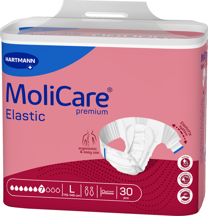 A package of Hartmann MoliCare Premium Elastic incontinence underwear, size Large, containing 30 pieces. The packaging is primarily pink with a blue brand logo banner and a dark red patterned bottom section, featuring a graphic of the white elastic underwear.