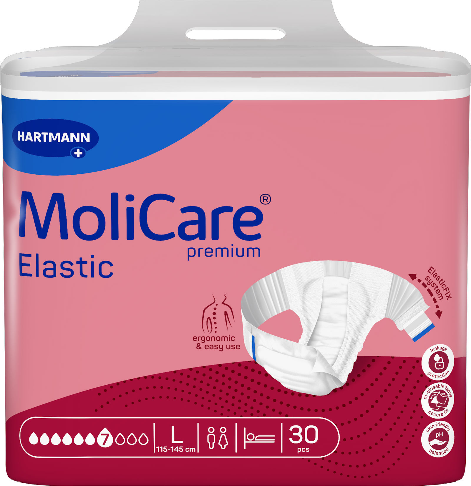 A package of Hartmann MoliCare Premium Elastic incontinence underwear, size Large, containing 30 pieces. The packaging is primarily pink with a blue brand header and a dark red bottom section, featuring a graphic of the white elastic underwear.