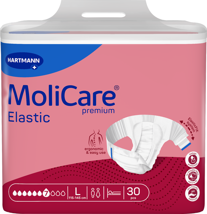 A package of Hartmann MoliCare Premium Elastic incontinence underwear, size Large, containing 30 pieces. The packaging is primarily pink with a blue brand header and a dark red bottom section, featuring a graphic of the white elastic underwear.