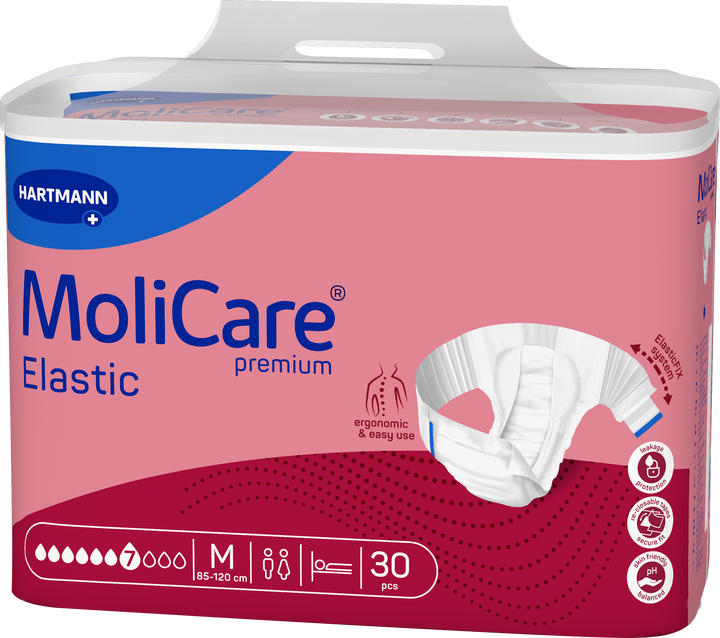 Hartmann MoliCare Premium Elastic undergarment packaging, size M, containing 30 pieces, shown on a clean white background.