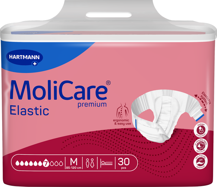 Hartmann MoliCare Premium Elastic incontinence underwear packaging, size M, 30 pieces, featuring a pink and dark red design with a white top carrying handle.