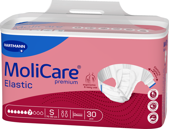 A package of Hartmann MoliCare Premium Elastic incontinence pads, size S, containing 30 pieces. The packaging is pink and white with a blue brand header and a graphic of the white elastic pads.