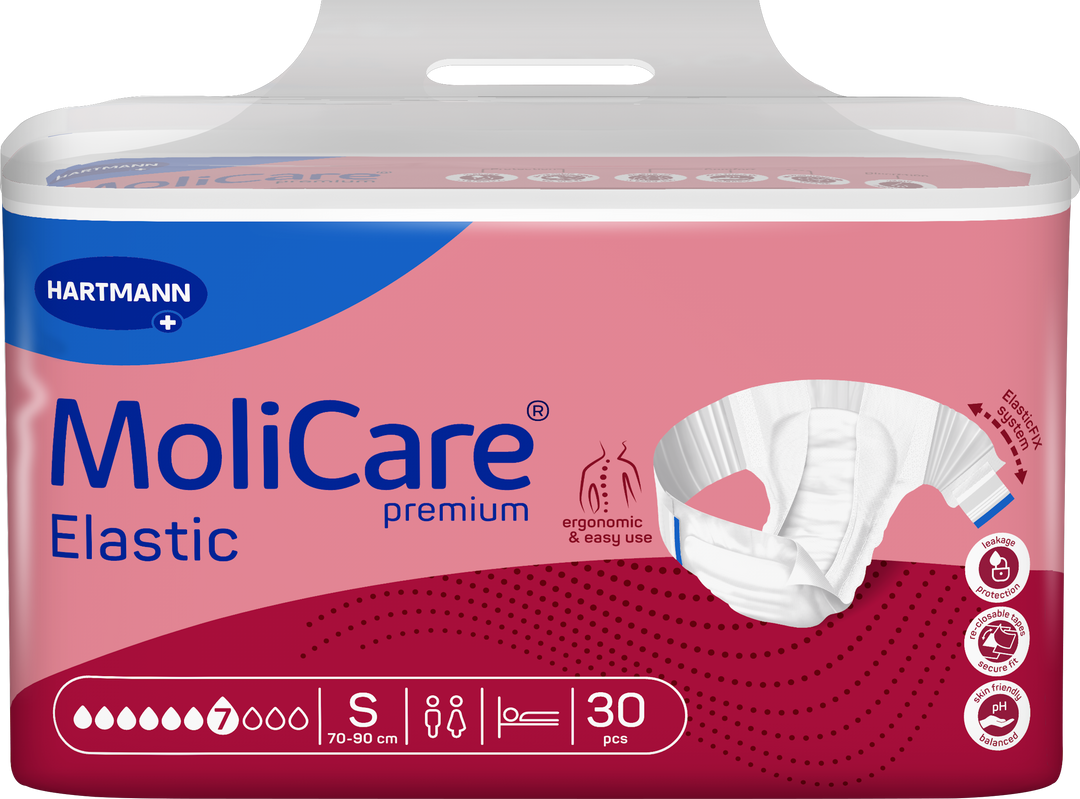 Hartmann MoliCare Premium Elastic undergarment packaging in size S, containing 30 pieces. The packaging is pink and blue with a white top handle, featuring a graphic of the white elastic underwear garment.