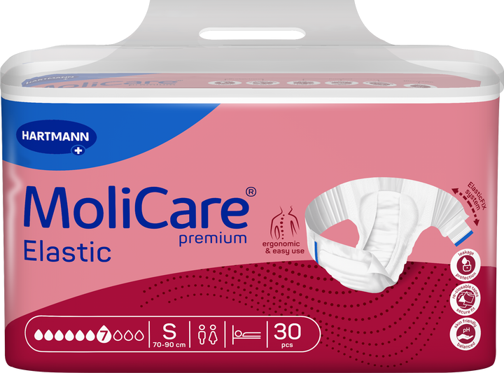 Hartmann MoliCare Premium Elastic undergarment packaging in size S, containing 30 pieces. The packaging is pink and blue with a white top handle, featuring a graphic of the white elastic underwear garment.