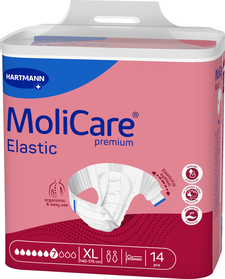 A package of Hartmann MoliCare Elastic premium incontinence underwear, size XL, containing 14 pieces. The packaging is pink and dark red with a blue brand header and a graphic of the white elastic underwear inside.